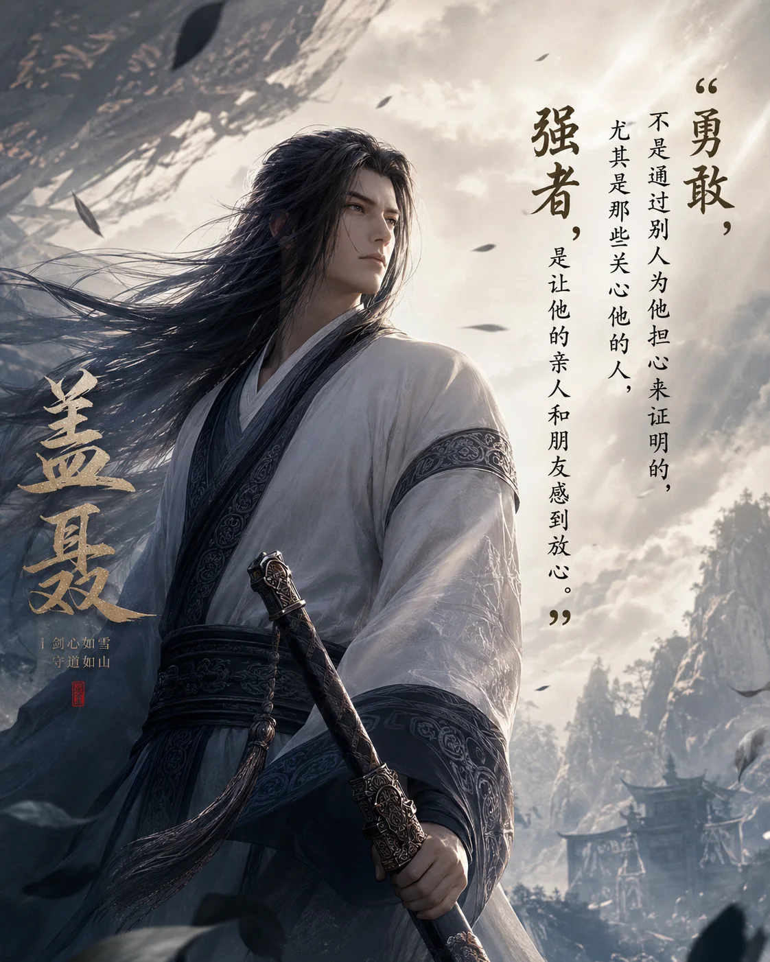 古风侠客与“勇敢是让亲友放心”文字海报